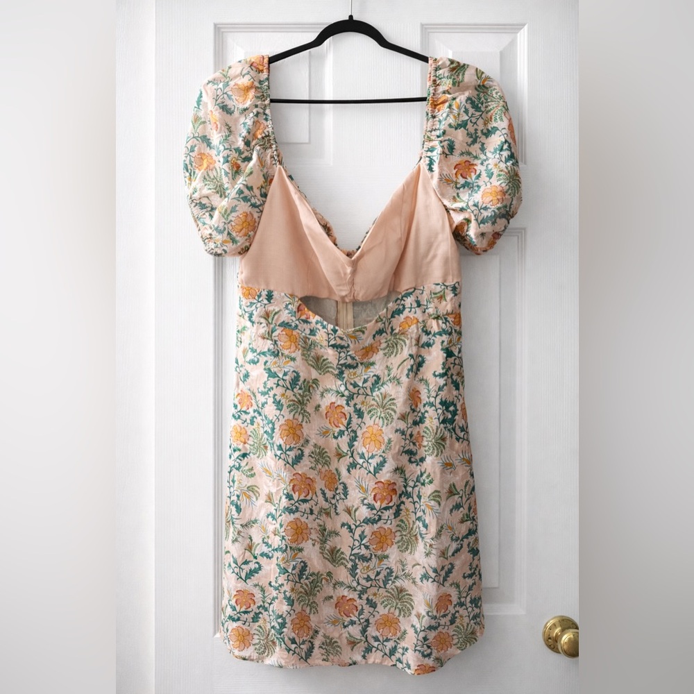 SHEIN Peach Floral Puff-Sleeve Dress with Green Leaf Print
